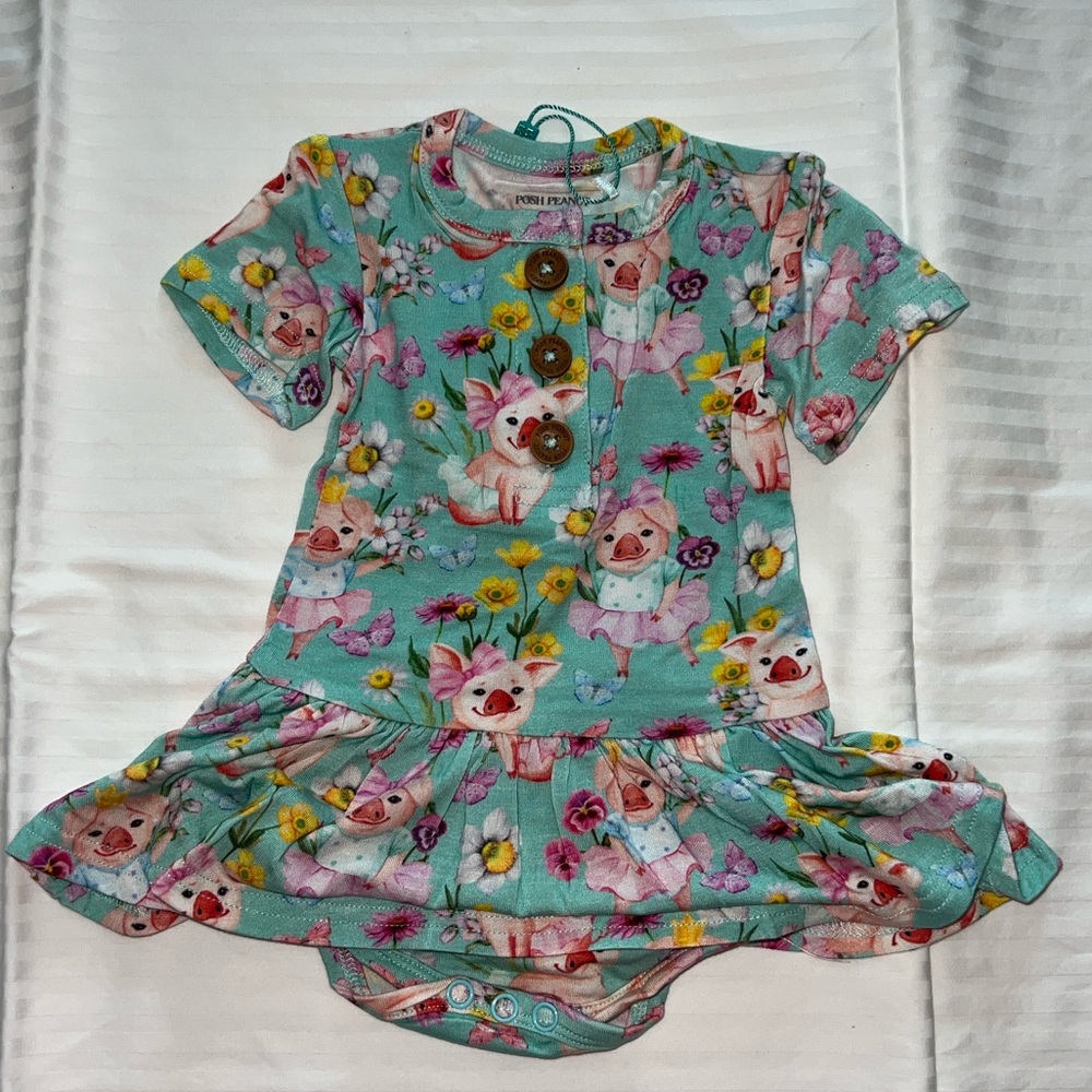 Posh Peanut MISSY Pigs Shirt Sleeve Henley Twirl Skirt Bodysuit 6-12 mo